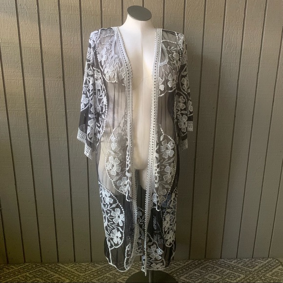 Woven Heart Tops - Woven Heart Black and Beige Embroidered Kimono Top